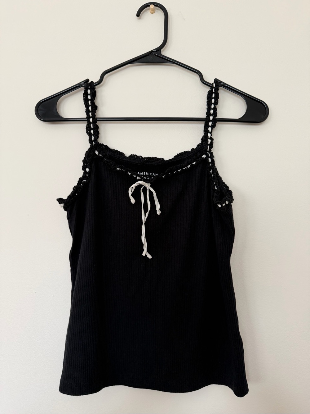 American Eagle Outfitters Black Crochet-Trim Tank with Contrast Tie
